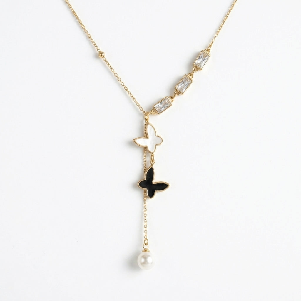 Lănțișor Inox Auriu Satellite Chain cu Pandantiv Y Fluturași și Perlă - Boem - Hipoalergenic