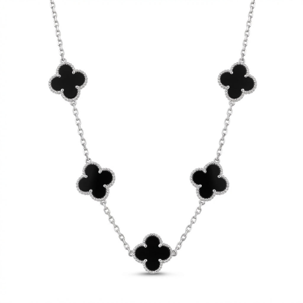 Lănțișor Inox Alhambra Argintiu cu Trifoiuri Negre - Elegant - Hipoalergenic