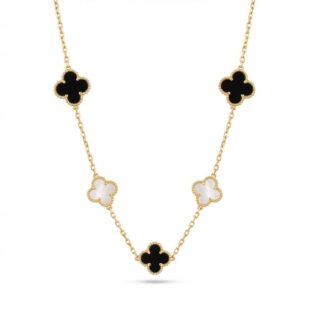 Lănțișor Inox Alhambra Auriu cu Sidef Alb și Onix Negru - Elegant - Hipoalergenic