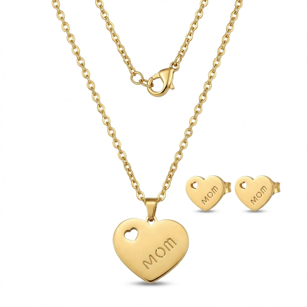 Set Lănțișor și Cercei Inox Auriu cu Pandantiv Inimă MOM - Clasic - Hipoalergenic