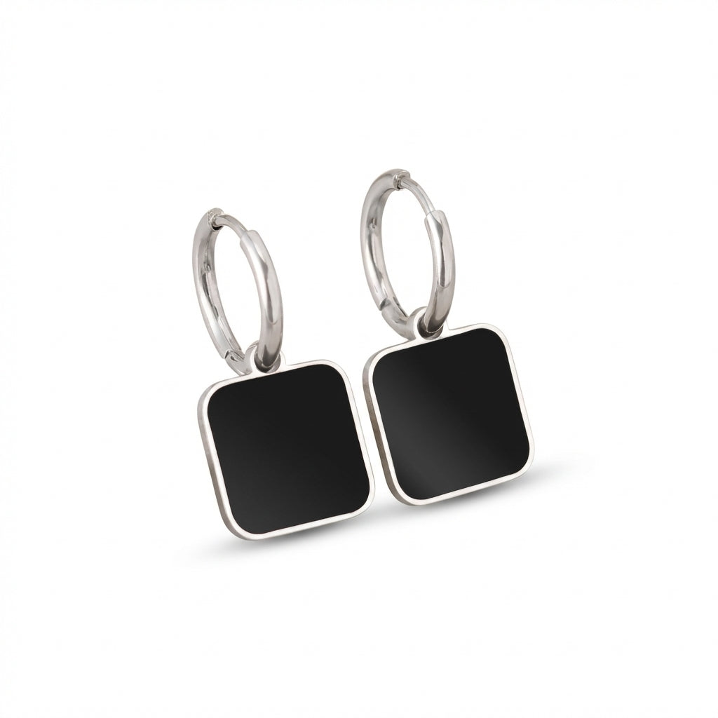 Cercei Pătrată cu Email Negru Oțel Inoxidabil 1.5 cm - CM1511 | Zelora