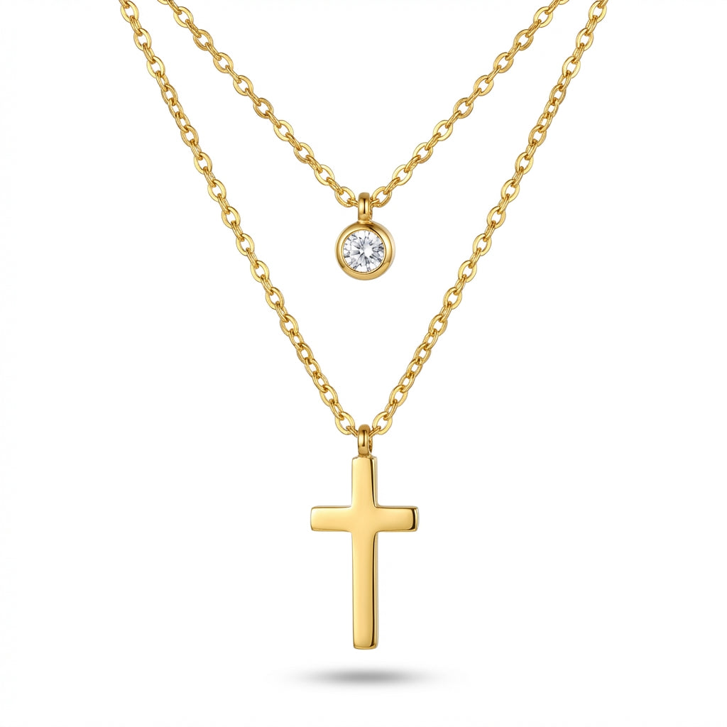 Lănțișor Inox Dublu Layered cu Cristal și Cruce Auriu - Statement – detaliu