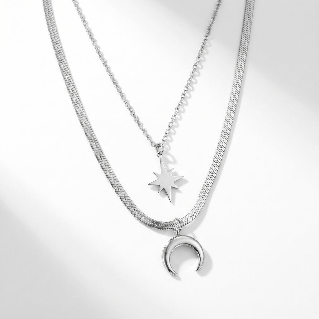 Lănțișor Inox Stratificat cu Pandantiv Stele și Lună Argintiu - Minimalist – detaliu