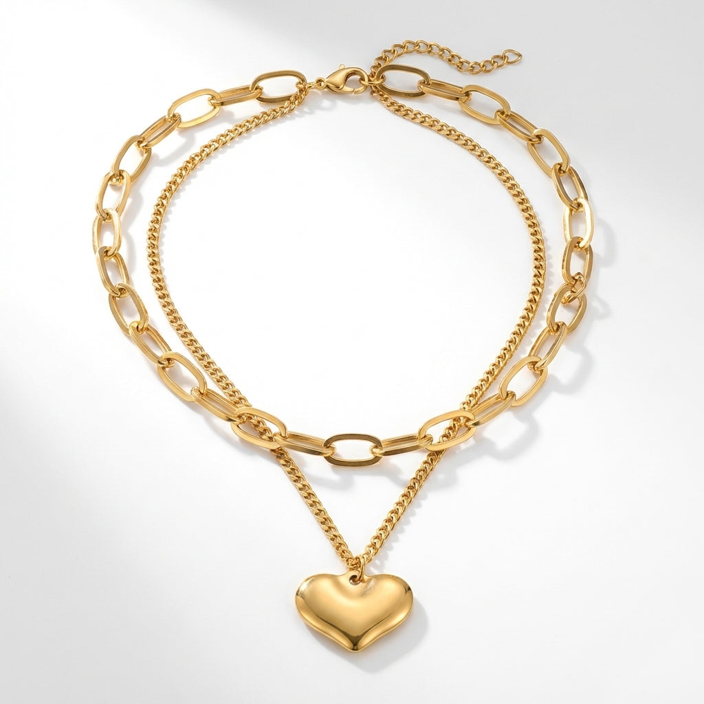 Lănțișor Inox Layered Paperclip+Curb Auriu cu Pandantiv Inimă 3D - Romantic – detaliu