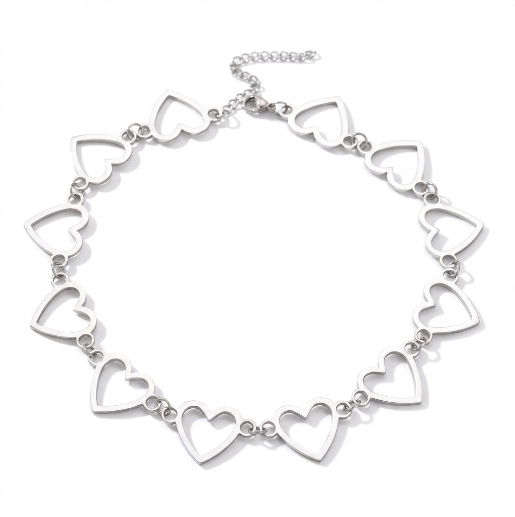 Lănțișor Inox Heart Link Argintiu Choker - Romantic – detaliu