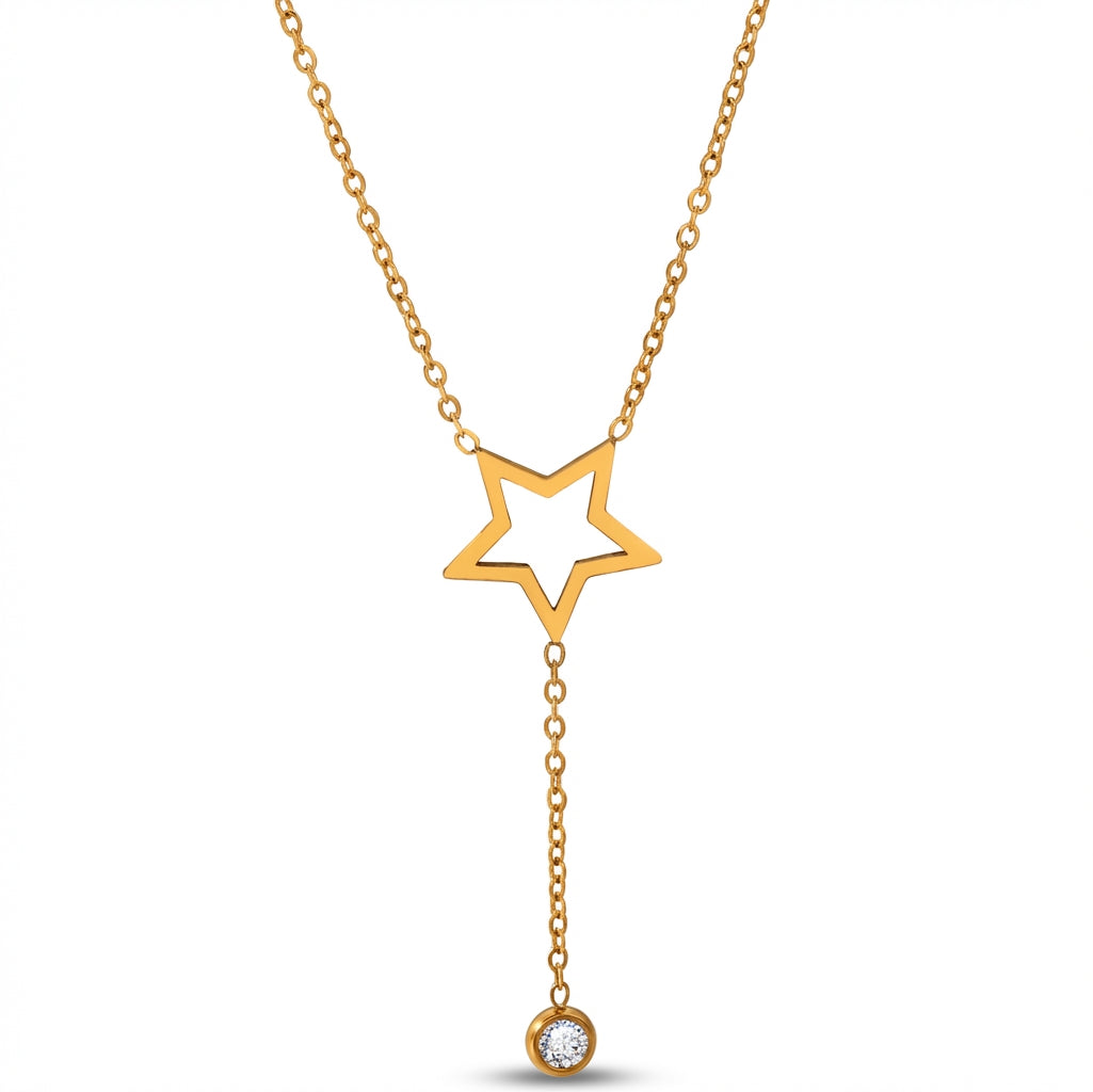 Lănțișor Inox Cable Auriu cu Pandantiv Stea și Cristal Lariat - Minimalist – detaliu 2