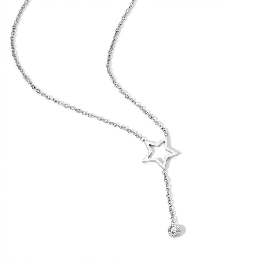 Lănțișor Inox Cable Argintiu cu Pandantiv Stea și Cristal Lariat - Minimalist – vedere laterală