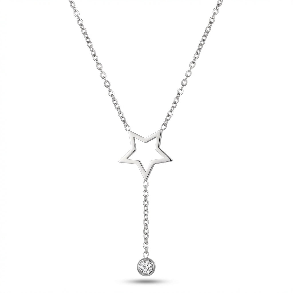 Lănțișor Inox Cable Argintiu cu Pandantiv Stea și Cristal Lariat - Minimalist – detaliu 2