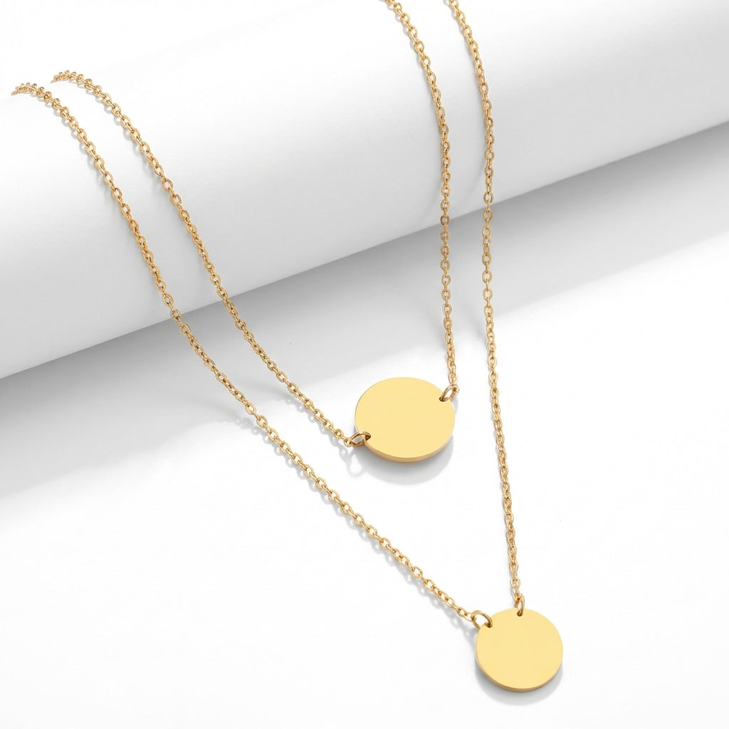 Lănțișor Inox Layered Auriu cu Pandantive Disc - Minimalist – detaliu