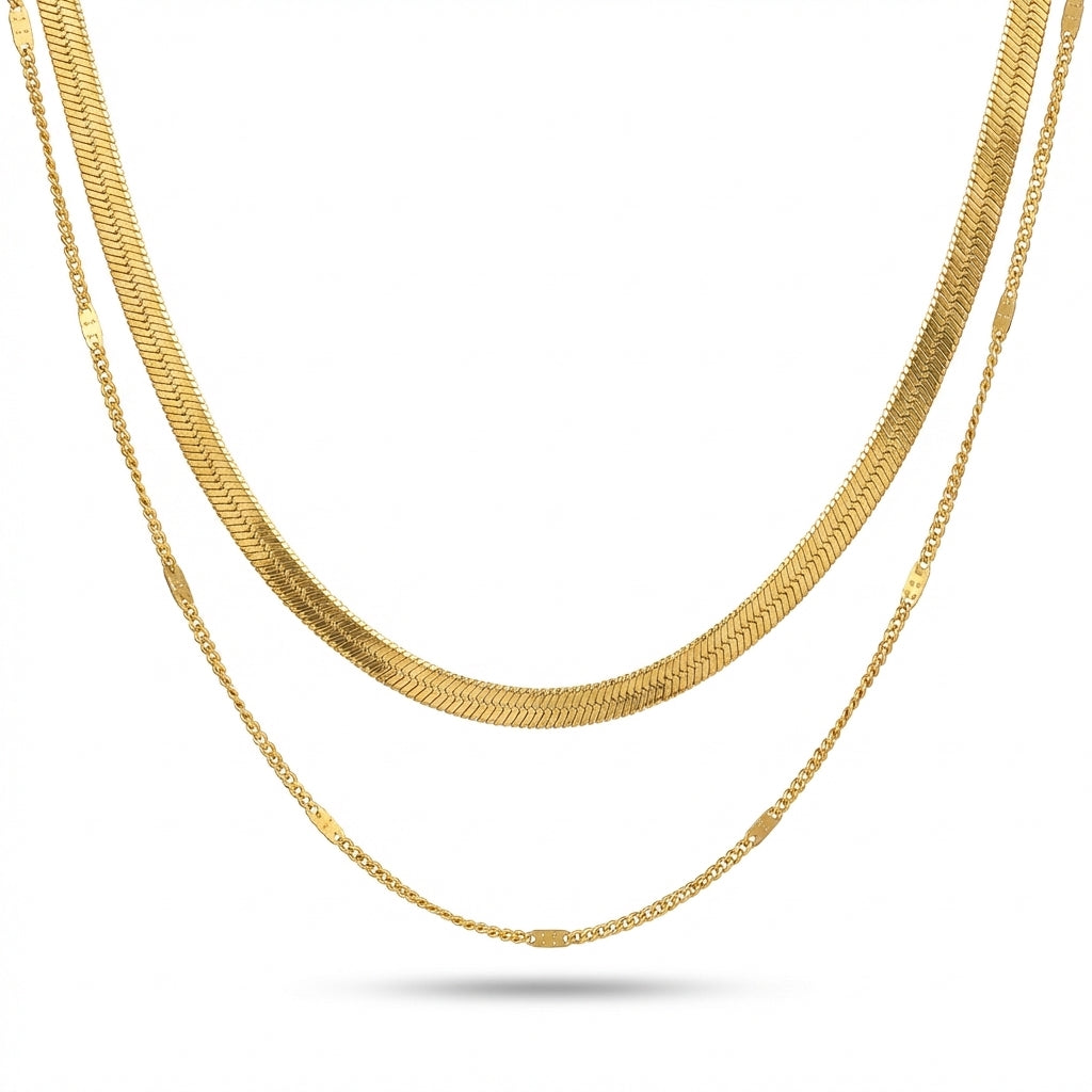 Lănțișor Inox Set Triplu Auriu Herringbone+Cable+Curb Layered - Minimalist – vedere laterală
