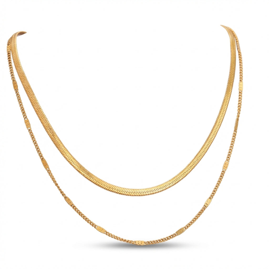 Lănțișor Inox Set Triplu Auriu Herringbone+Cable+Curb Layered - Minimalist – detaliu 2