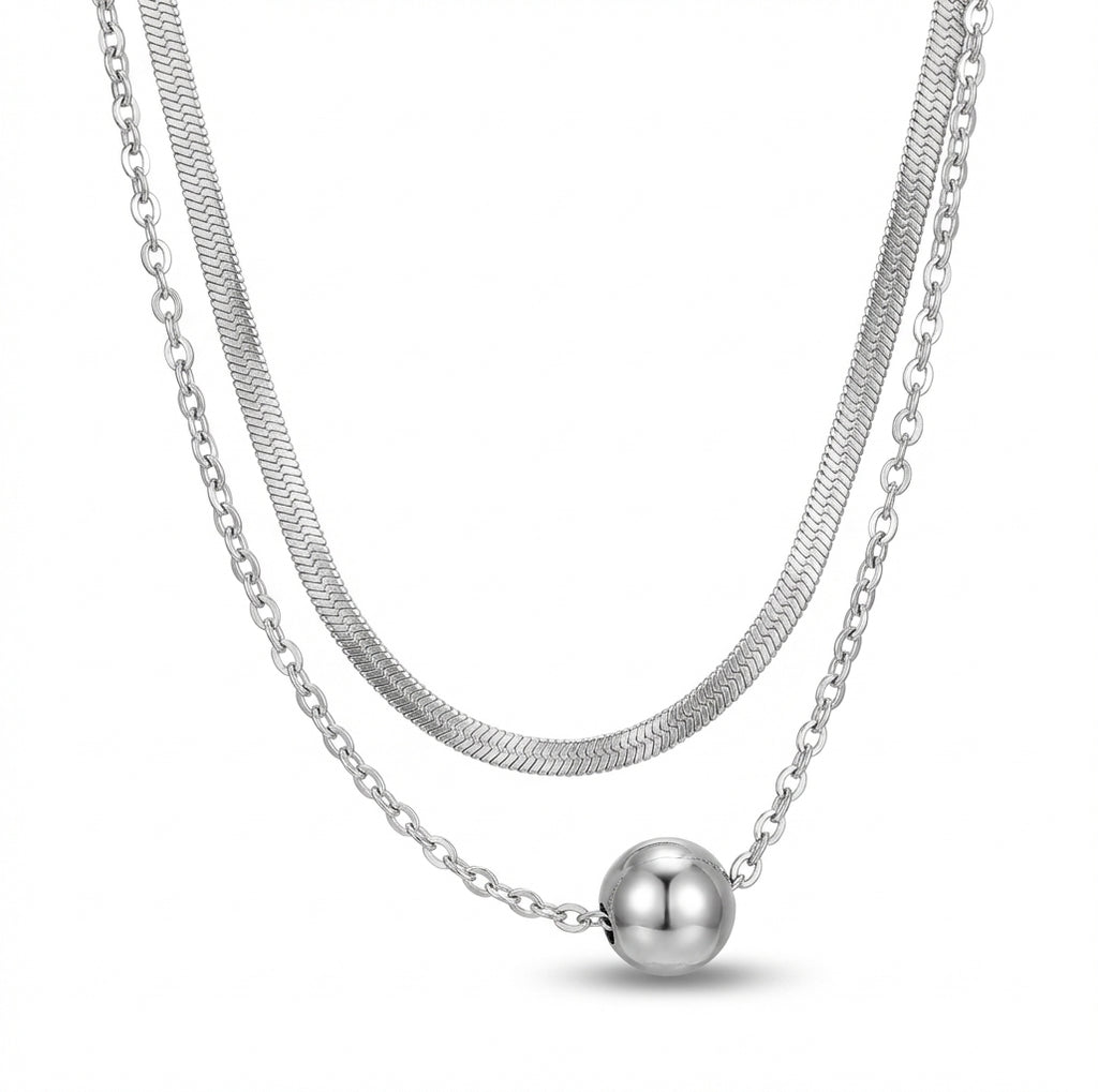 Lănțișor Inox Layered Argintiu Herringbone+Cable cu Bilă - Minimalist – detaliu