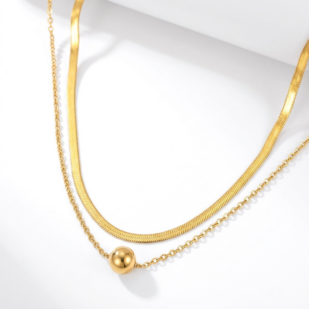 Lănțișor Inox Layered Auriu Herringbone+Cable cu Bilă - Minimalist – vedere laterală