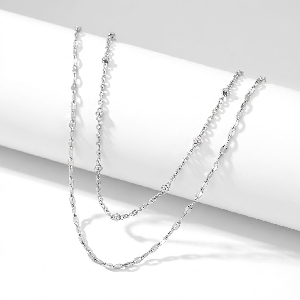 Lănțișor Inox Layered Argintiu Mirror+Satellite cu Pandantiv Inimă - Romantic – detaliu