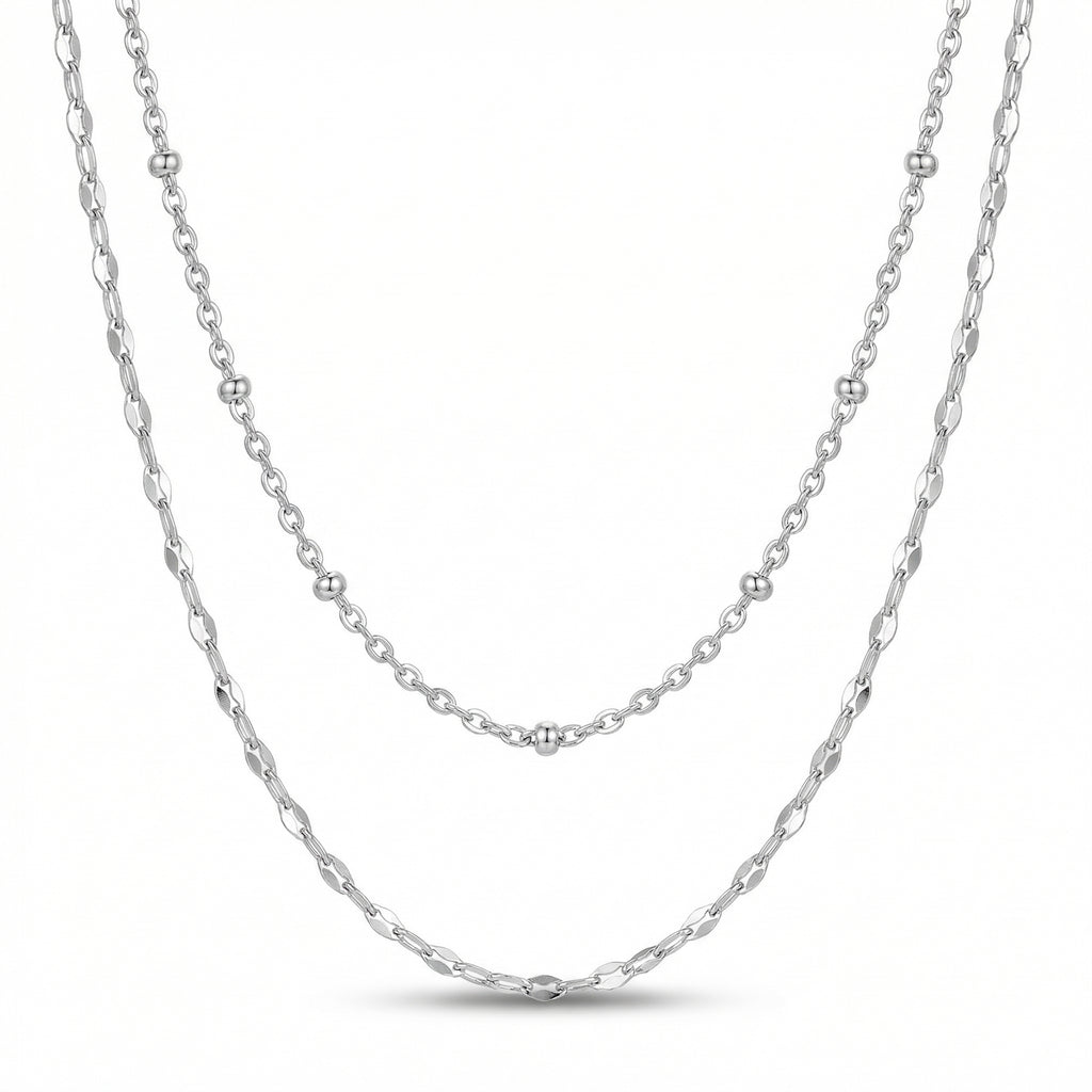 Lănțișor Inox Layered Argintiu Mirror+Satellite cu Pandantiv Inimă - Romantic – detaliu 2