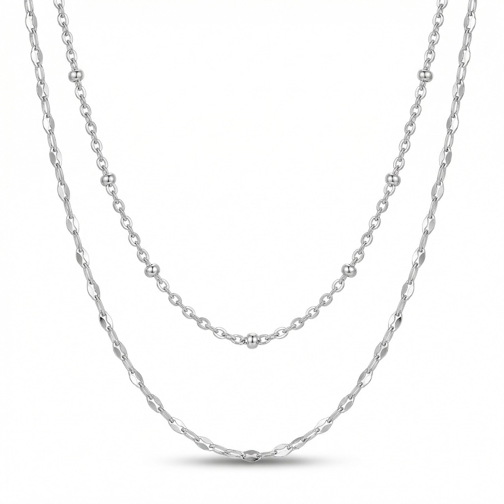 Lănțișor Inox Layered Argintiu Mirror+Satellite cu Pandantiv Inimă - Romantic – detaliu 2