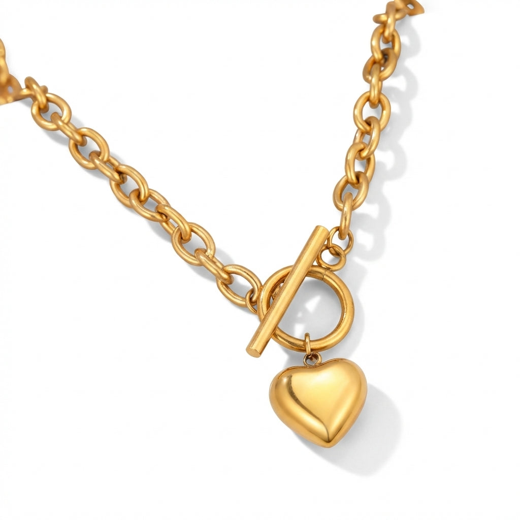 Lănțișor Inox Rolo Auriu Toggle cu Pandantiv Inimă 3D - Romantic – detaliu