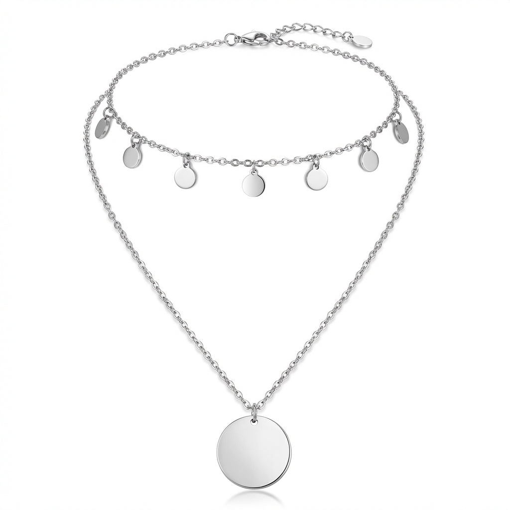 Lănțișor Inox Layered Argintiu cu Discuri Multiple - Boho – detaliu