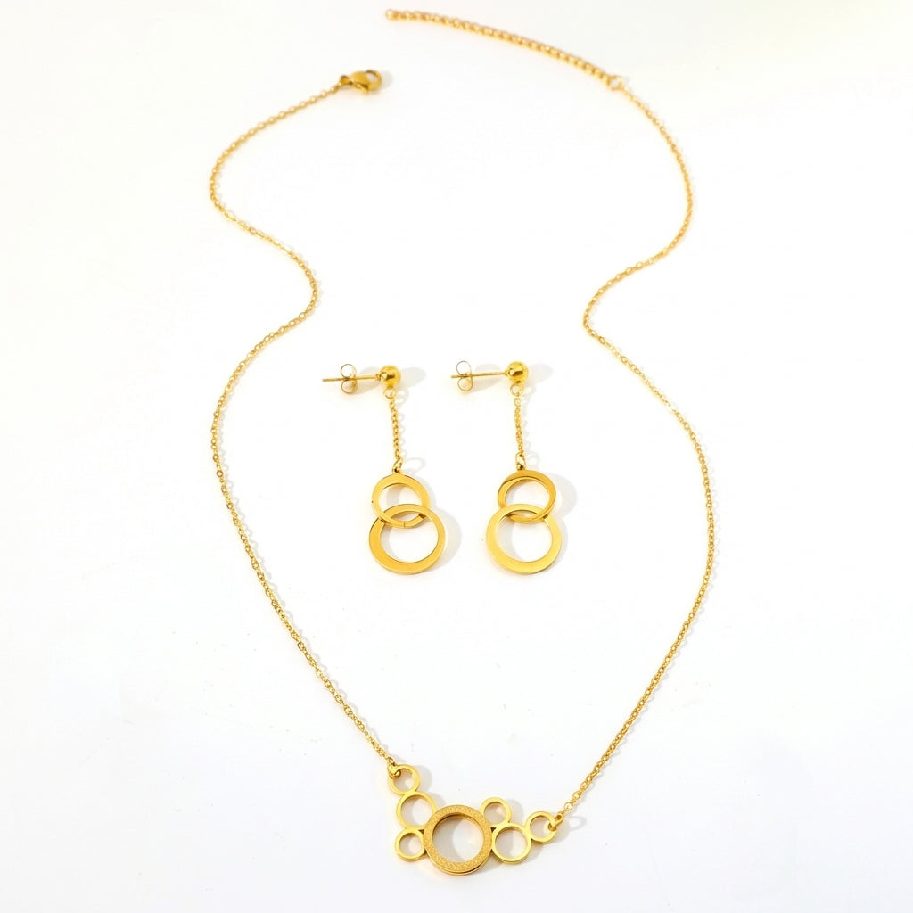 Set Lănțișor Inox și Cercei Cable Auriu cu Pandantiv Cercuri Interconectate - Modern Geometric Oțel Inoxidabil - LPD1395 2.3 