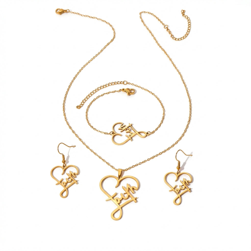 Set Lănțișor și Cercei și Brățară Inox Auriu cu Pandantiv Cruce Faith - Romantic Oțel Inoxidabil - LPD1399 3.7 cm x 3 cm - Hi