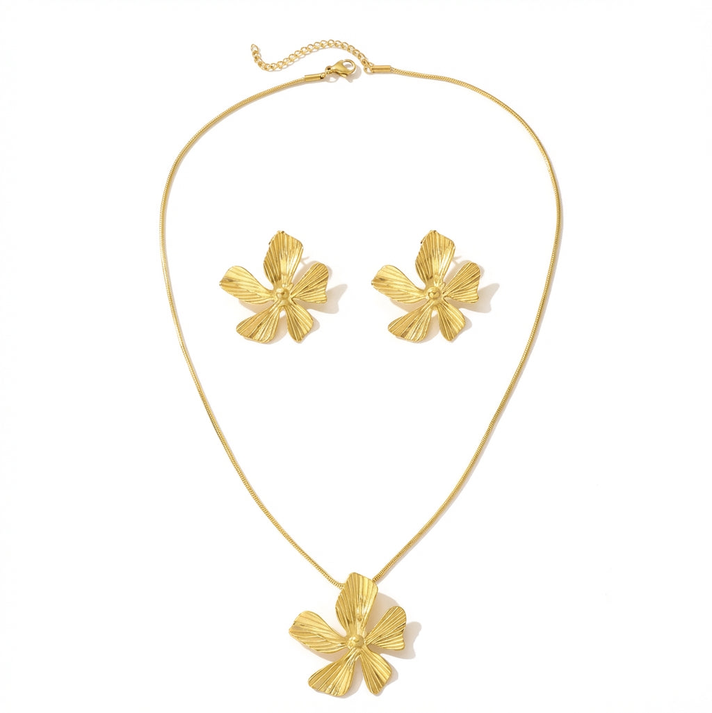 Set Lănțișor și Cercei Inox Auriu cu Pandantiv Floare - Boho Elegant Oțel Inoxidabil - LPD1408 3.8 cm - Hipoalergenici