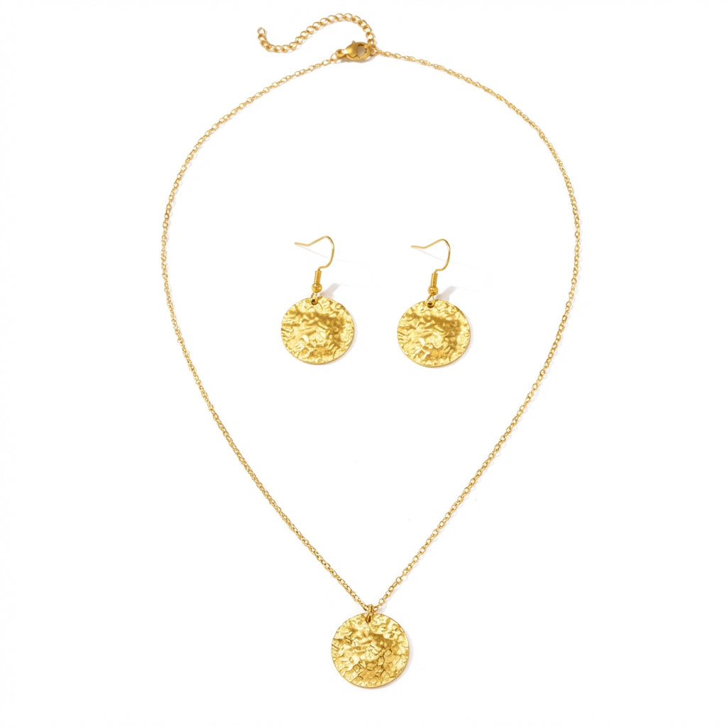 Set Lănțișor și Cercei Inox Auriu cu Pandantiv Disc Hammered - Boho Minimalist Oțel Inoxidabil - LPD1409 45 cm - Hipoalergeni
