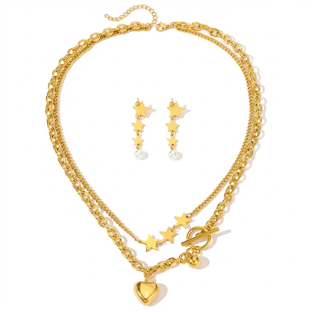 Set Lănțișor și Cercei Inox Auriu cu Pandantiv Inimă și Stele - Romantic Statement Oțel Inoxidabil - LPD1417 4 cm - Hipoalerg