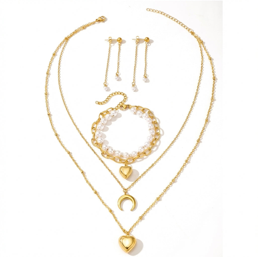 Set Lănțișor și Cercei și Brățară Inox Auriu cu Pandantiv Semilună și Inimă - Boho Romantic Oțel Inoxidabil - LPD1415 18 cm -