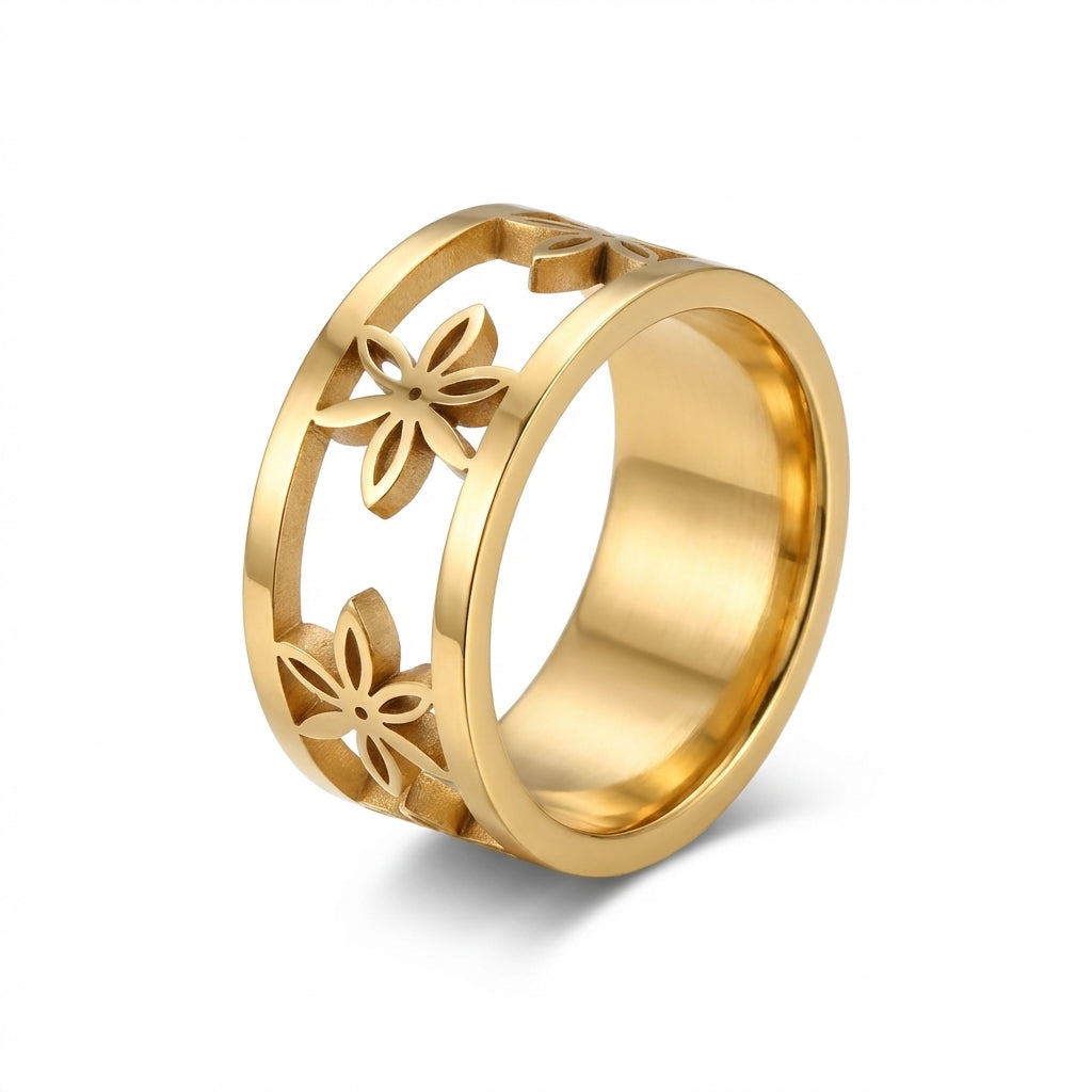 Inel Model floral decupat Oțel Inoxidabil Auriu - IND1090 | Zelora