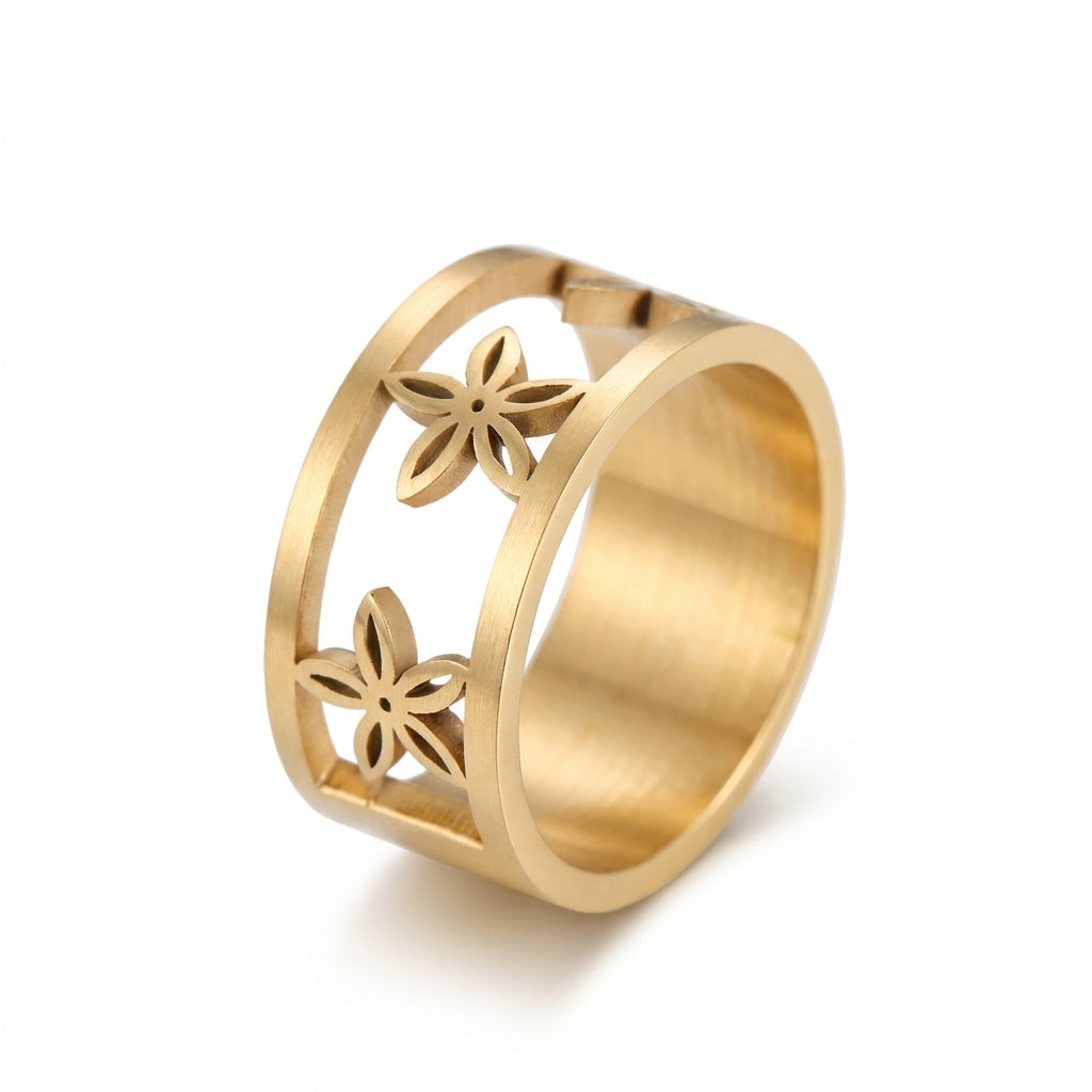 Inel Model floral decupat Oțel Inoxidabil Auriu - IND1090 | Zelora
