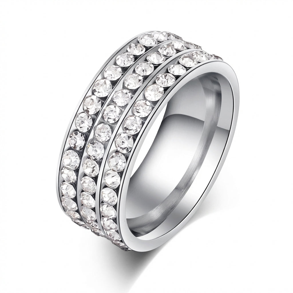 Verighetă Trei rânduri pietre pave cu Zirconiu Cubic Pavé Oțel Inoxidabil Argintiu - IND1105 | Zelora