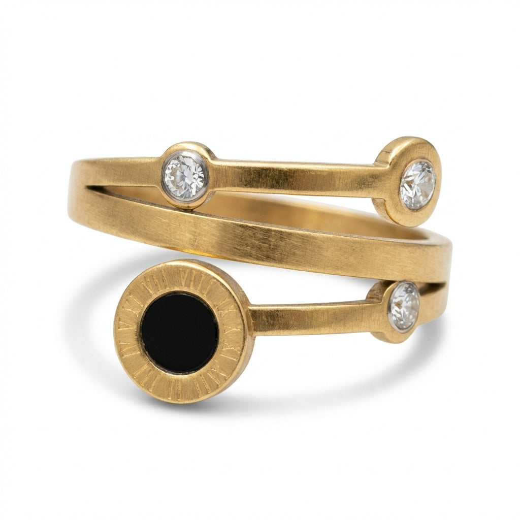 Inel Disc negru cifre romane cu Zirconiu Cubic Oțel Inoxidabil Bicolor - IND1392 | Zelora