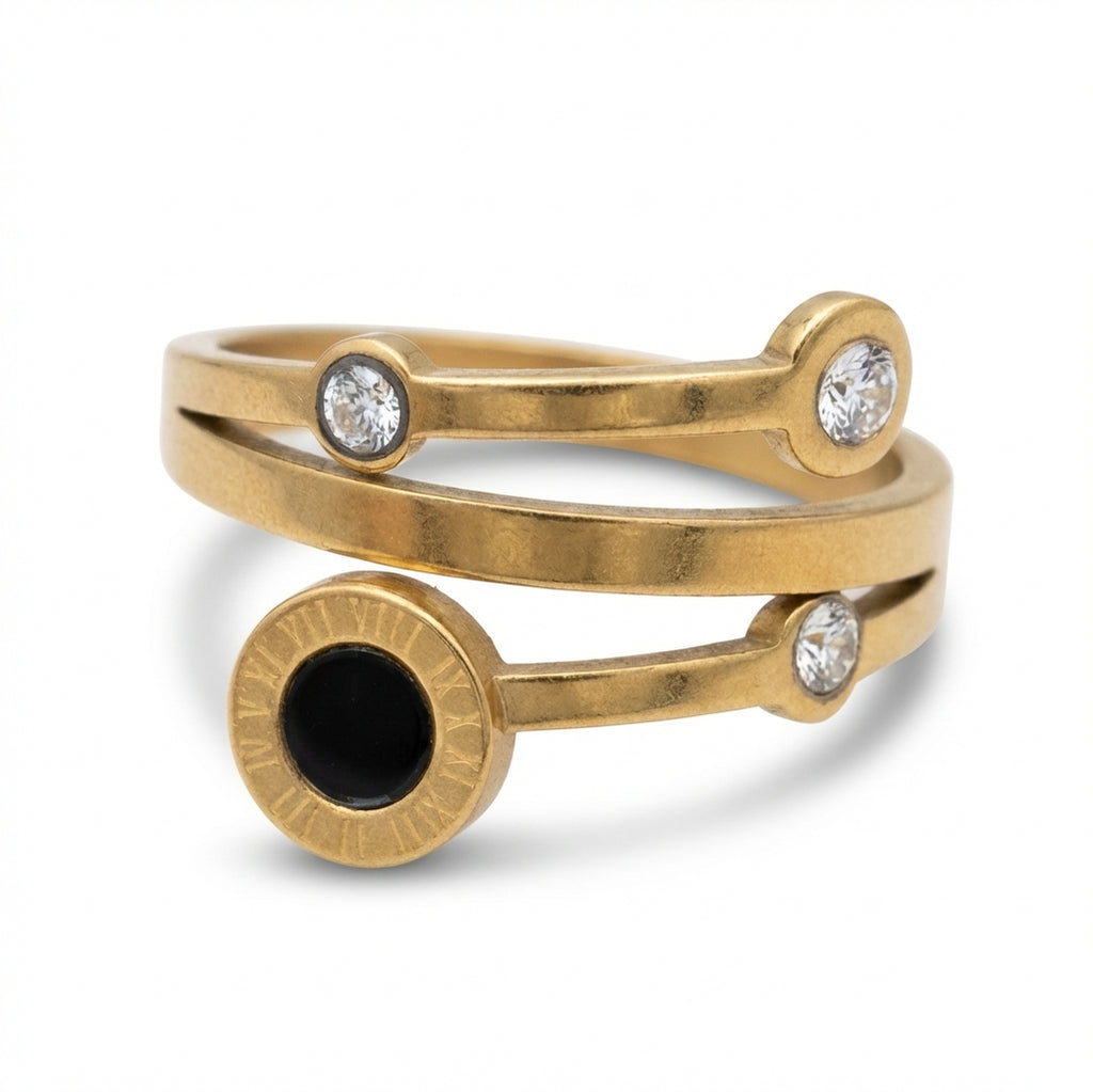 Inel Disc negru cifre romane cu Zirconiu Cubic Oțel Inoxidabil Bicolor - IND1392 | Zelora