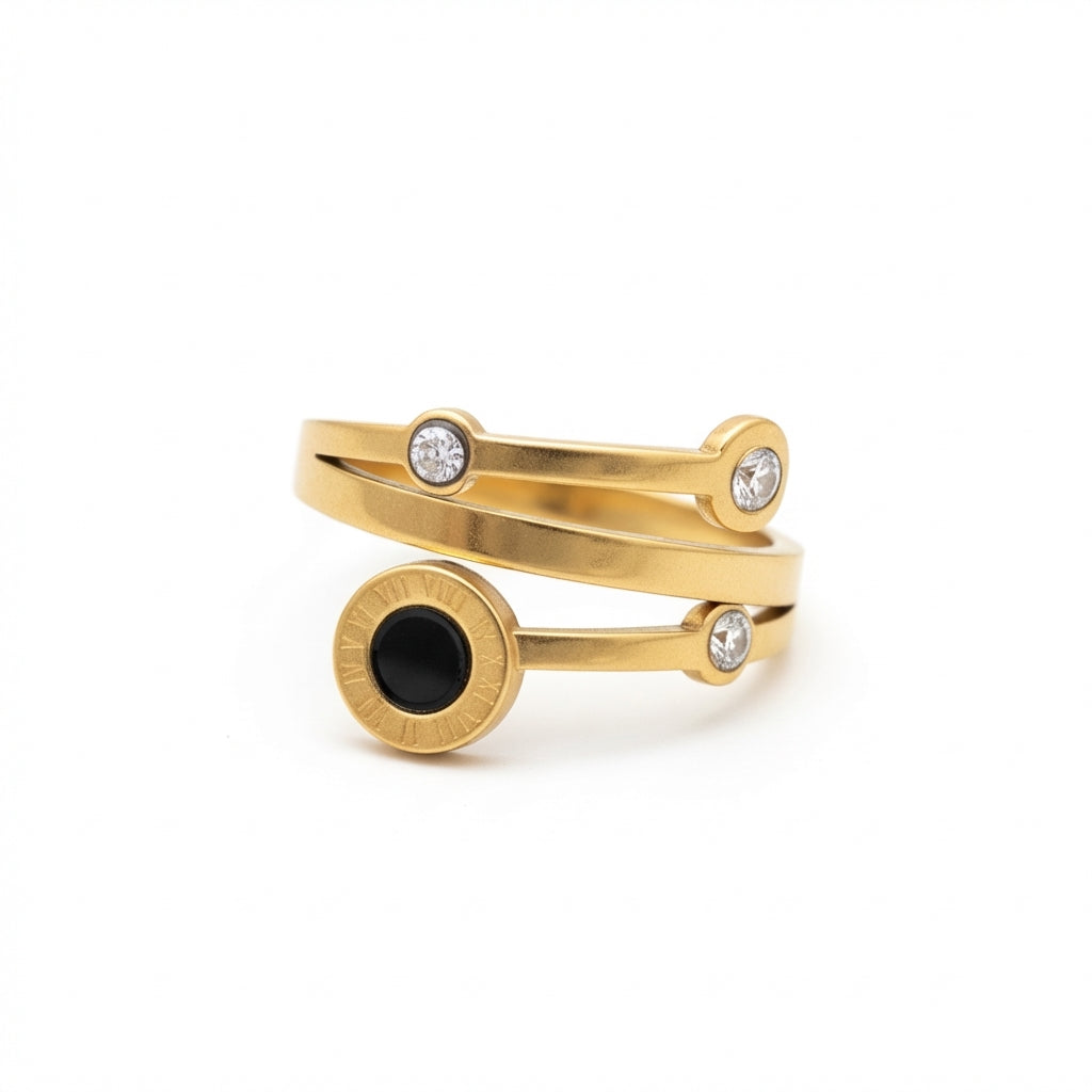 Inel Disc negru cifre romane cu Zirconiu Cubic Oțel Inoxidabil Bicolor - IND1392 | Zelora