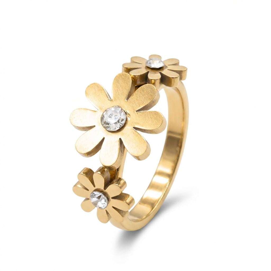 Inel Trei flori margarete aurii cu Zirconiu Cubic Oțel Inoxidabil Auriu - IND1424 | Zelora