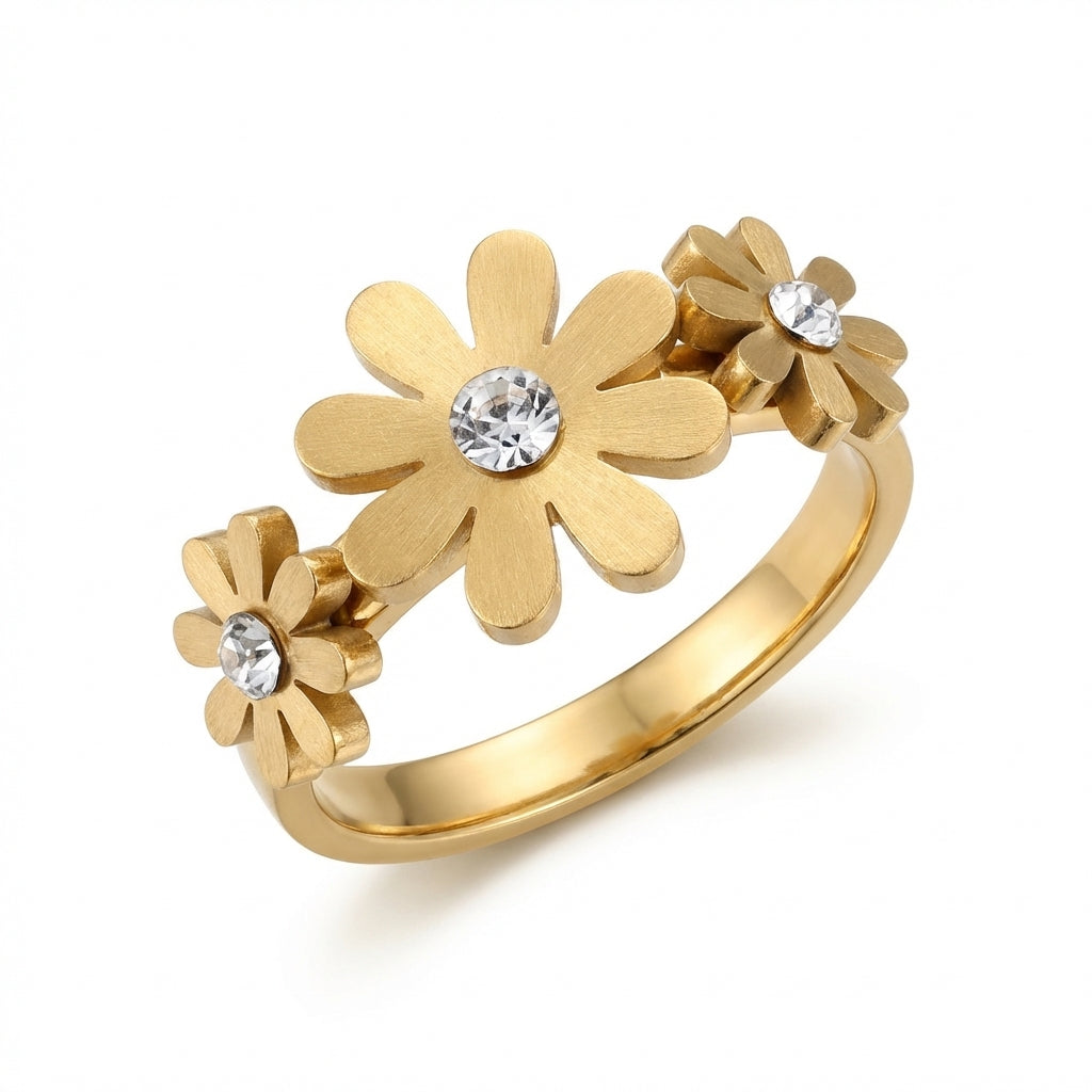 Inel Trei flori margarete aurii cu Zirconiu Cubic Oțel Inoxidabil Auriu - IND1424 | Zelora