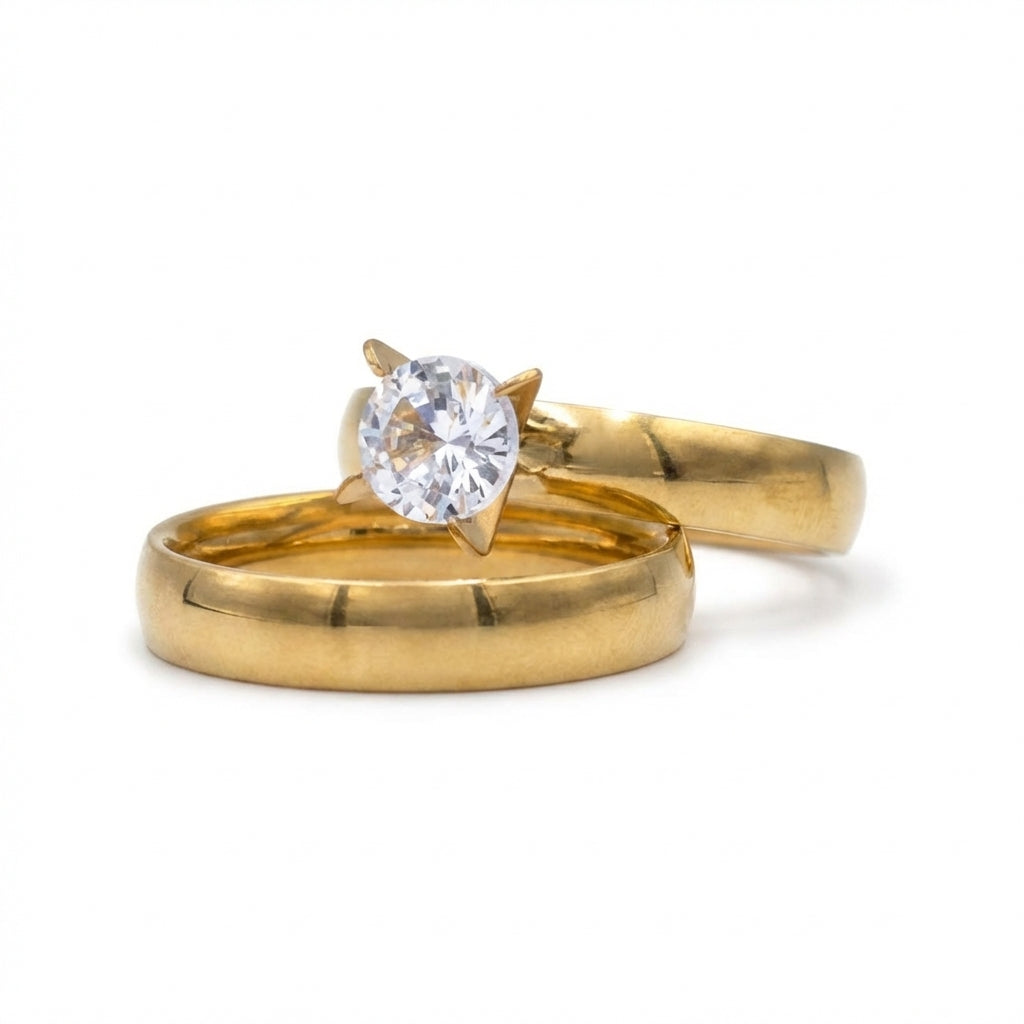 Set Inel de Logodna și Verighetă Solitaire, verigheta cu Zirconiu Cubic Oțel Inoxidabil Auriu - IND1478 | Zelora