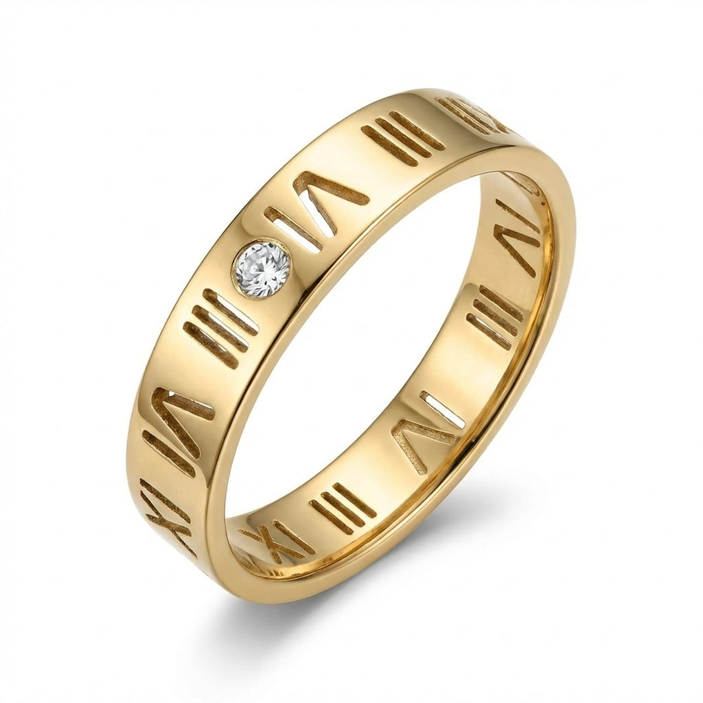 Inel Cifre romane decupate cu Zirconiu Cubic Oțel Inoxidabil Auriu - IND1503 | Zelora