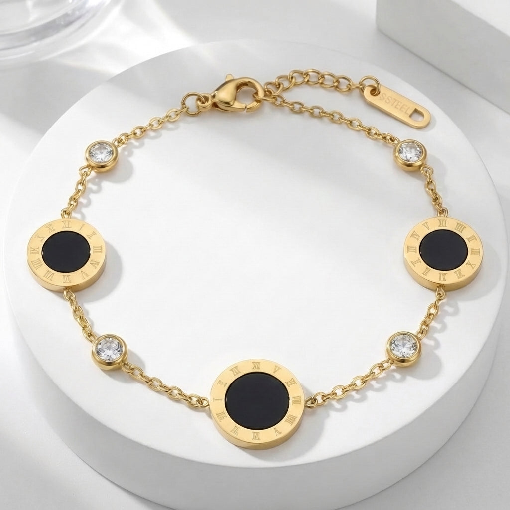 Brățară Cercuri sidef cifre romane Oțel Inoxidabil 16.5 cm Placat Aur 18K PVD - Hipoalergenică - BF1184